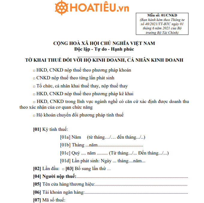 Mẫu 01/CNKD: Tờ khai thuế đối với hộ kinh doanh, cá nhân kinh doanh