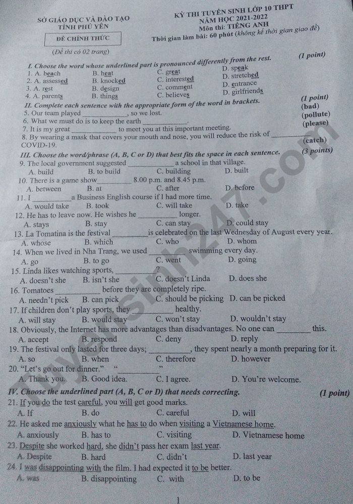 Đề thi vào 10 môn Anh Phú Yên 2021