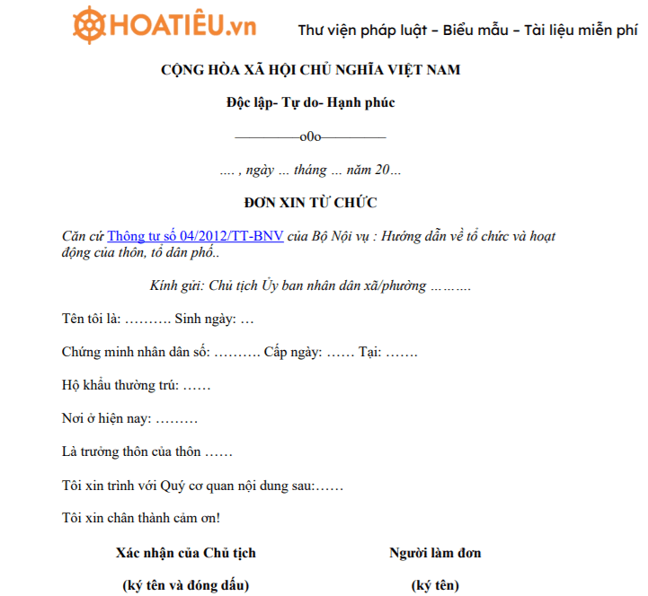 Mẫu đơn xin từ chức trưởng thôn