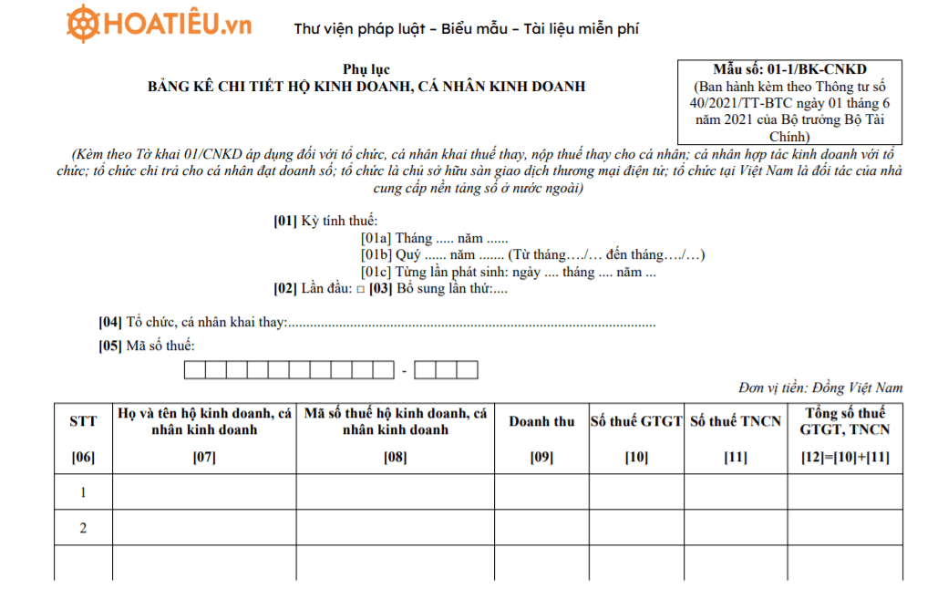 Mẫu 01-1/BK-CNKD: Bảng kê chi tiết cá nhân kinh doanh