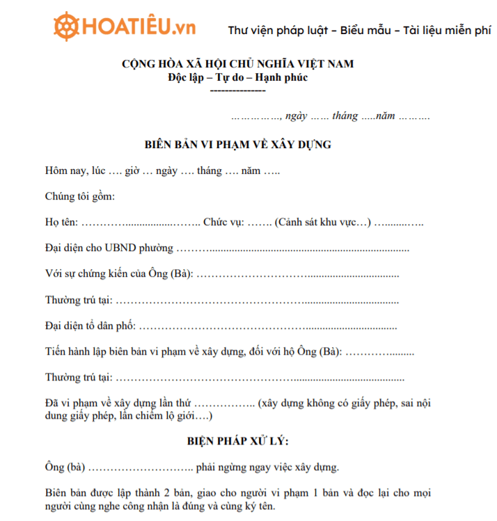 Mẫu biên bản vi phạm về xây dựng