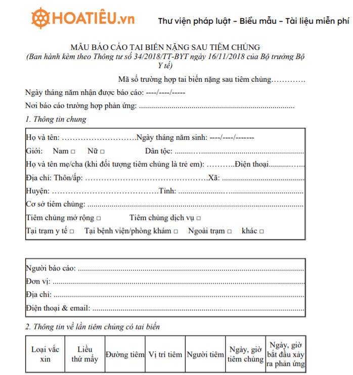 Mẫu bản báo cáo tai biến nặng sau tiêm chủng