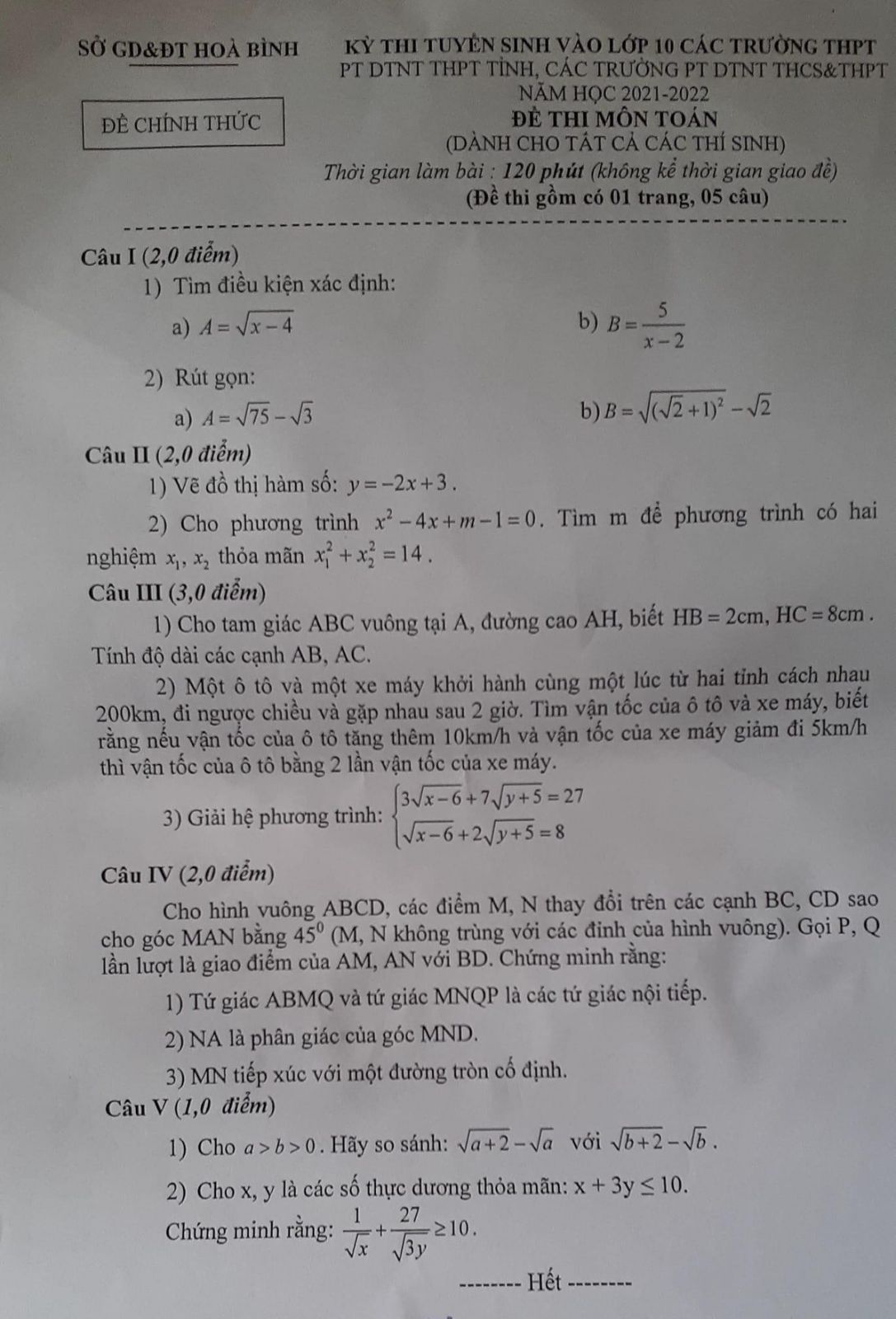 Đề thi vào 10 môn Toán Hòa Bình 2021