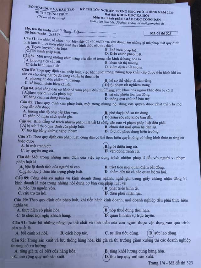 Đề thi môn GDCD THPT Quốc gia 2020