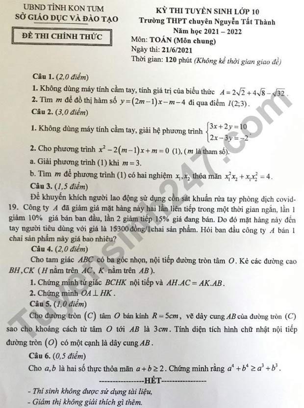 Đề thi tuyển sinh vào lớp 10 môn Toán Kon Tum 2021