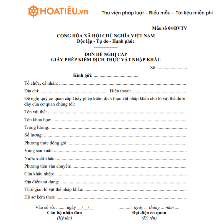 Đơn đề nghị cấp giấy phép kiểm dịch thực vật nhập khẩu