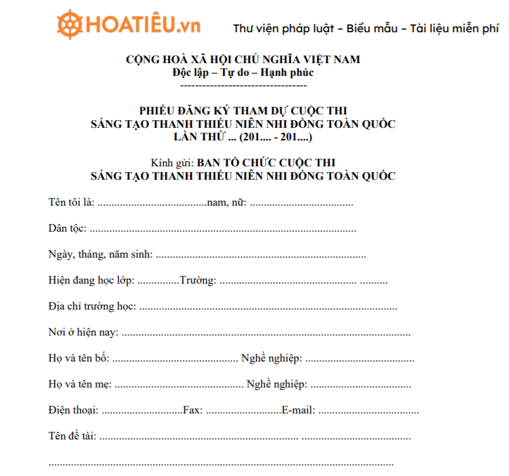 Mẫu đơn đăng ký Cuộc thi Sáng tạo dành cho Thanh, Thiếu niên và nhi đồng Toàn quốc