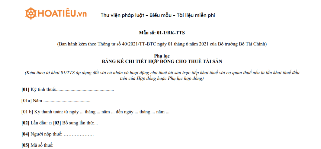 Mẫu 01-1/BK-TTS: Bảng kê chi tiết hợp đồng cho thuê tài sản