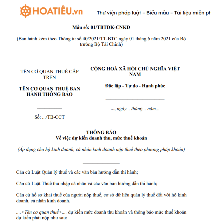 Mẫu 01/TBTDK-CNKD: Thông báo về việc dự kiến doanh thu, mức thuế khoán