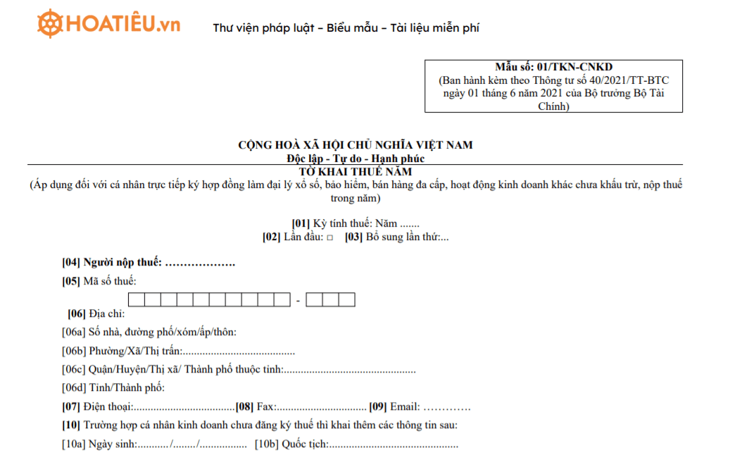 Mẫu 01/TKN-CNKD: Tờ khai thuế năm mới nhất
