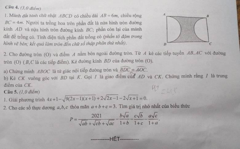 Đề Toán thi vào lớp 10 Nam Định 2021