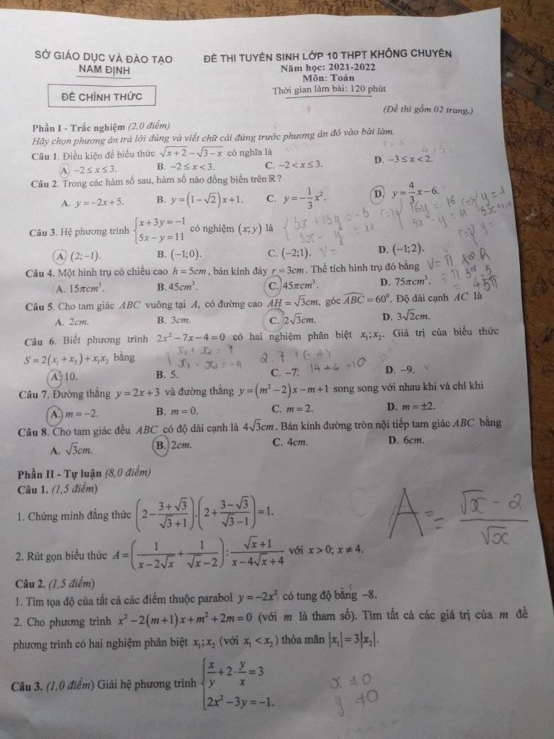 Đề Toán thi vào lớp 10 Nam Định 2021