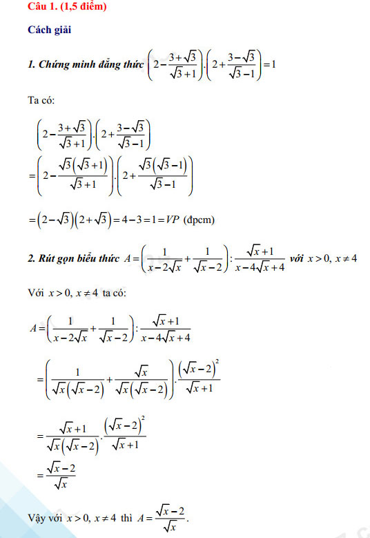 Đáp án đề thi vào lớp 10 môn Toán Nam Định 2021