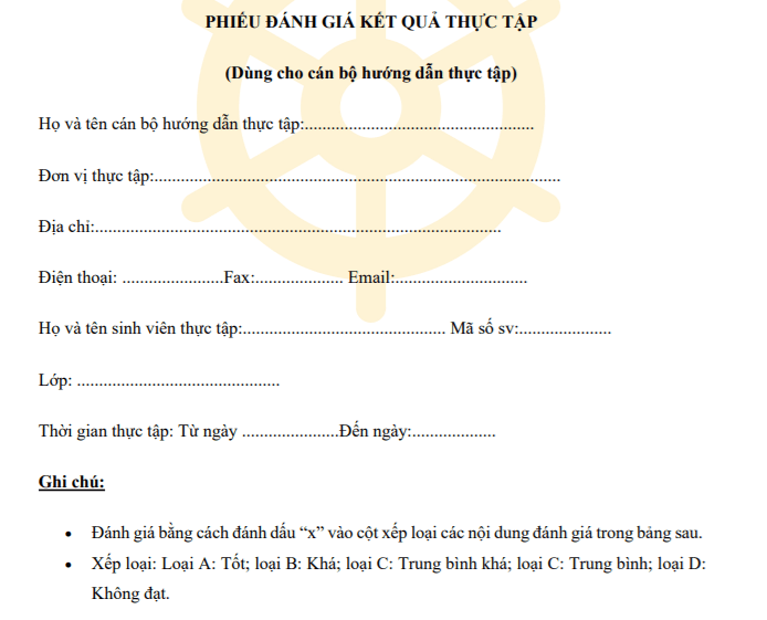 Mẫu phiếu đánh giá kết quả thực tập