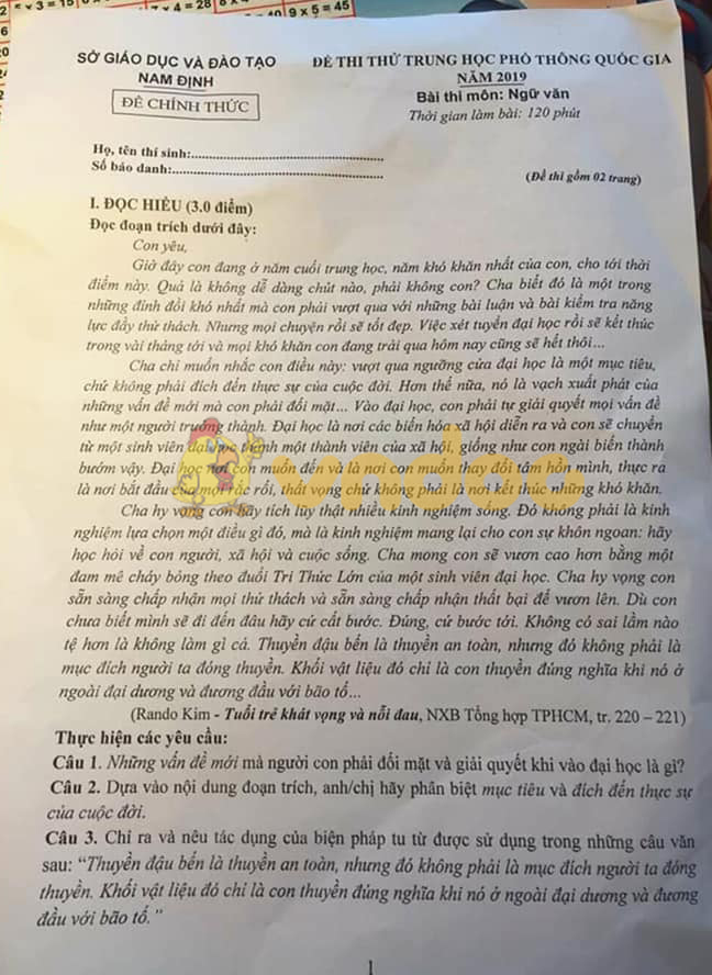 Đề thi thử văn Nam Định 2019