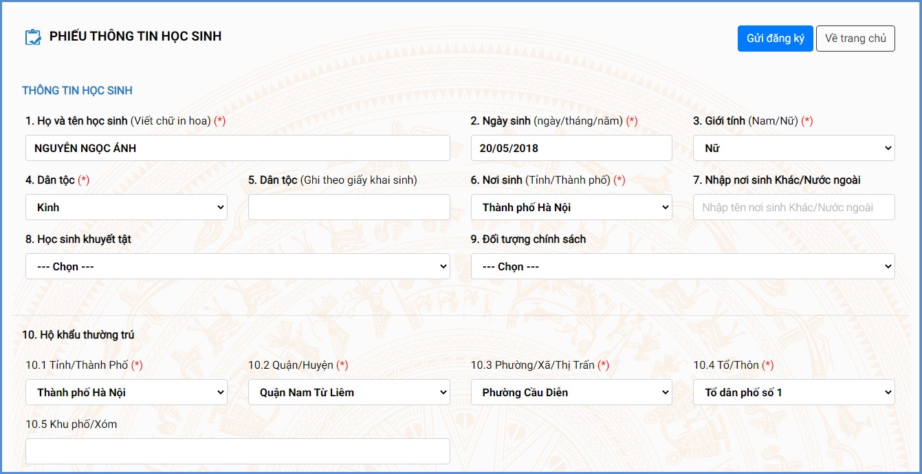 Hướng dẫn đăng ký trực tuyến vào lớp 1