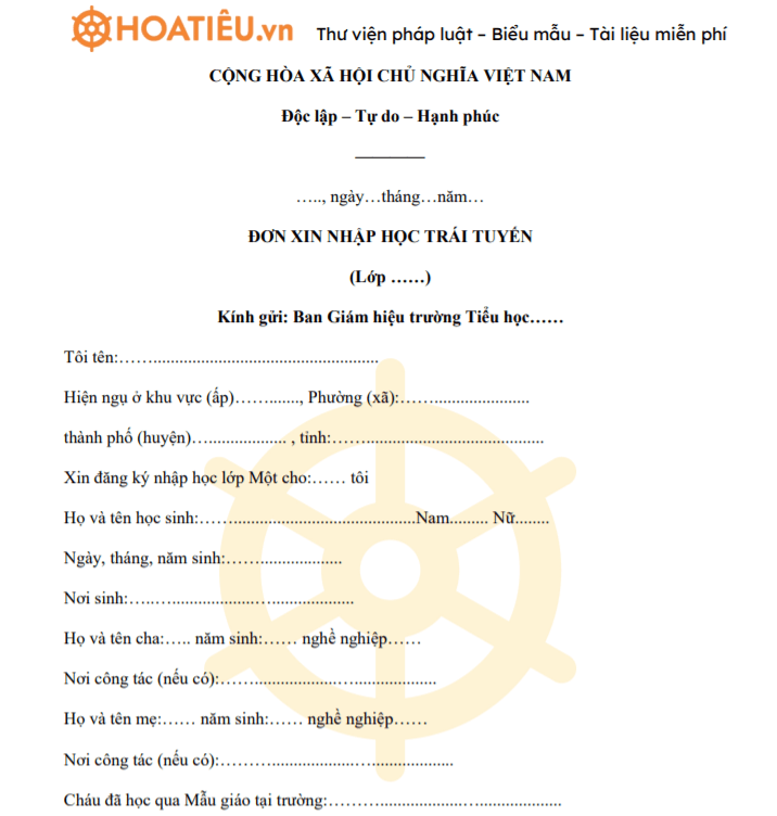 Mẫu đơn xin nhập học trái tuyến