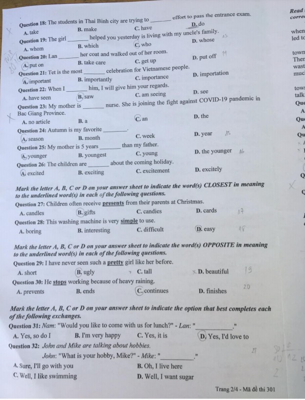 Đề thi Anh vào lớp 10 2021 Thái Bình