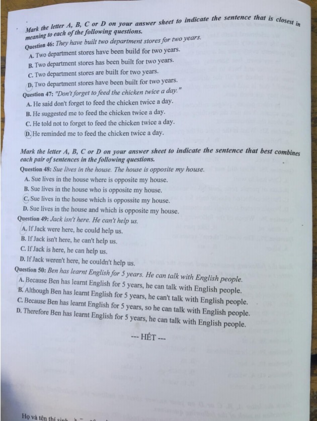 Đề thi Anh vào lớp 10 2021 Thái Bình