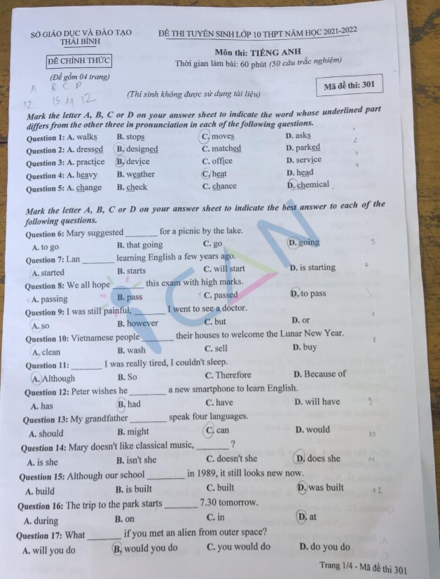 Đề thi Anh vào lớp 10 2021 Thái Bình