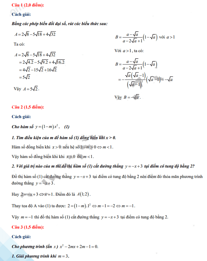 Đáp án đề thi vào lớp 10 Toán tỉnh Quảng Trị 2021