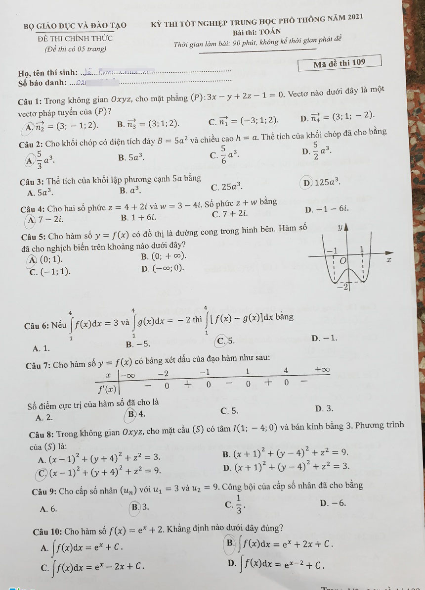 Đáp án thi tốt nghiệp THPT Quốc gia 2021 môn Toán