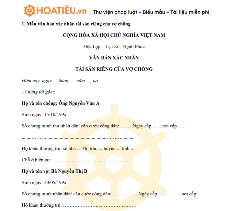 Mẫu xác nhận tài sản riêng trước thời kỳ hôn nhân 2021