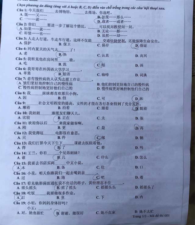 Đáp án đề tiếng Trung thi tốt nghiệp THPT Quốc gia 2021