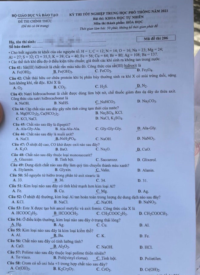 Đề Hóa THPT 2021