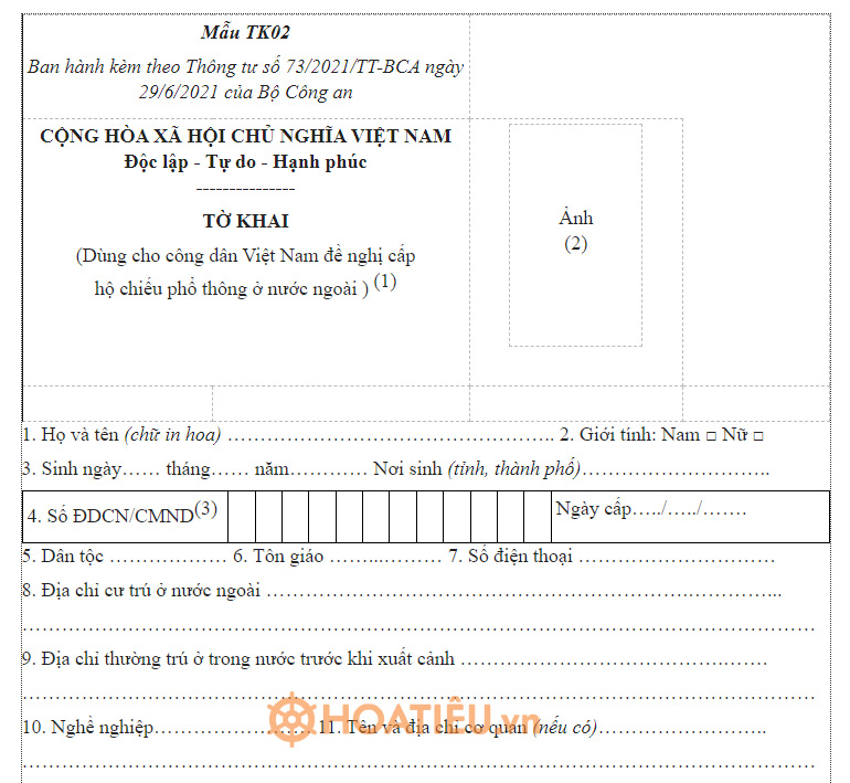 Mẫu TK02: Tờ khai đề nghị cấp hộ chiếu phổ thông ở nước ngoài
