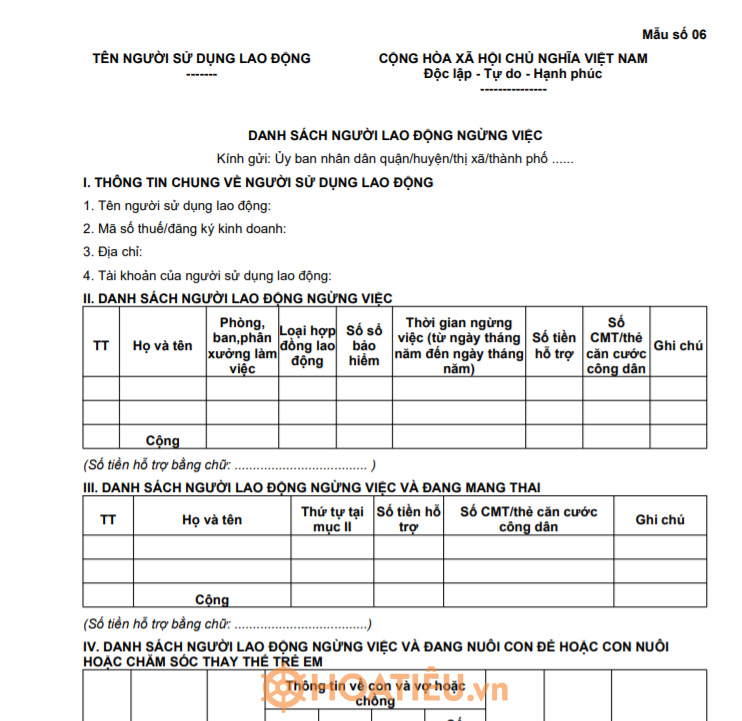 Mẫu số 06: Danh sách người lao động ngừng việc