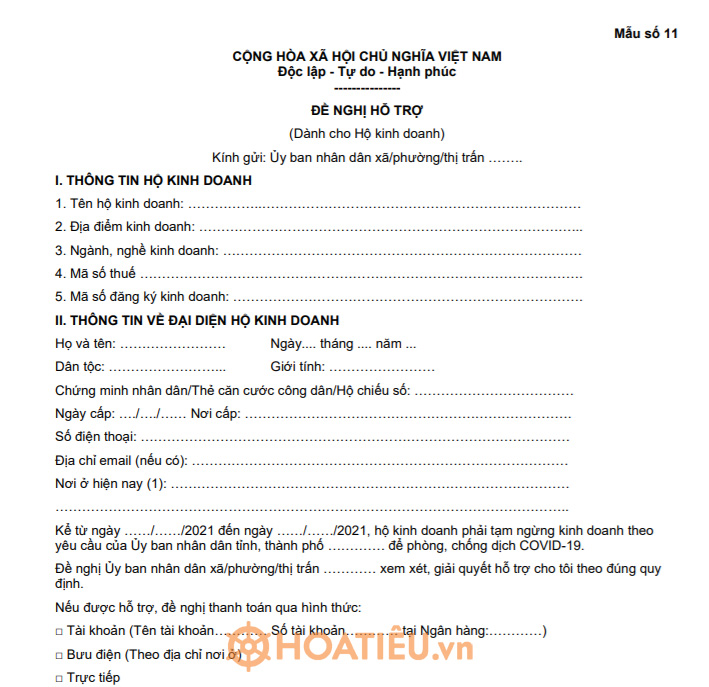 Mẫu số 11: Đề nghị hỗ trợ hộ kinh doanh gặp khó khăn do Covid-19