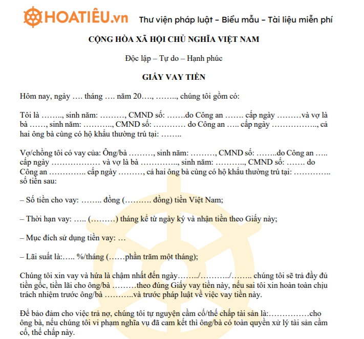 Mẫu cam kết vay tiền 2021