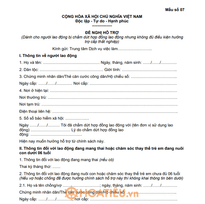 Mẫu số 07: Đề nghị hỗ trợ của người lao động chất dứt hợp đồng lao động, không đủ điều kiện hưởng trợ cấp thất nghiệp