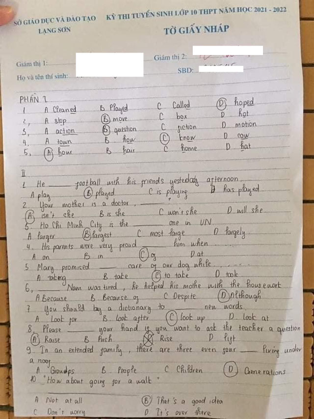 Đáp án đề thi tuyển sinh vào lớp 10 môn Anh tỉnh Lạng Sơn 2021