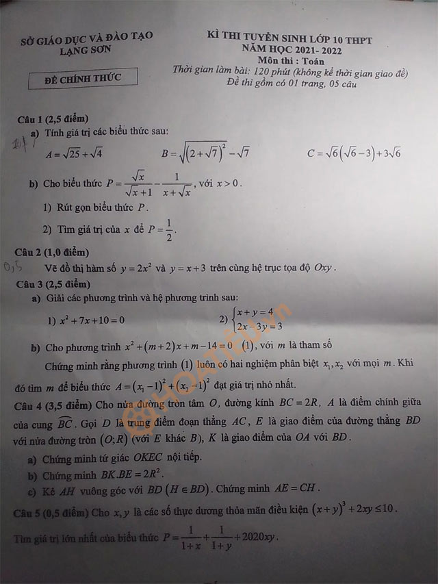  Đề thi tuyển sinh vào lớp 10 môn Toán tỉnh Lạng Sơn 2021