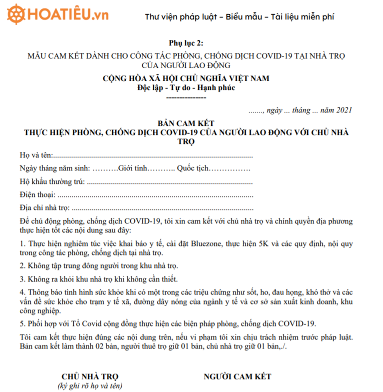 Bản cam kết thực hiện phòng, chống dịch Covid-19 của người lao động với chủ nhà trọ