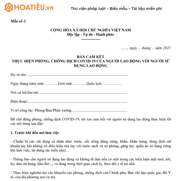 Bản cam kết thực hiện phòng, chống dịch COVID-19 của người lao động với người sử dụng lao động