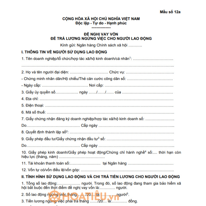Mẫu số 12a: Đề nghị vay vốn trả lương ngừng việc cho người lao động
