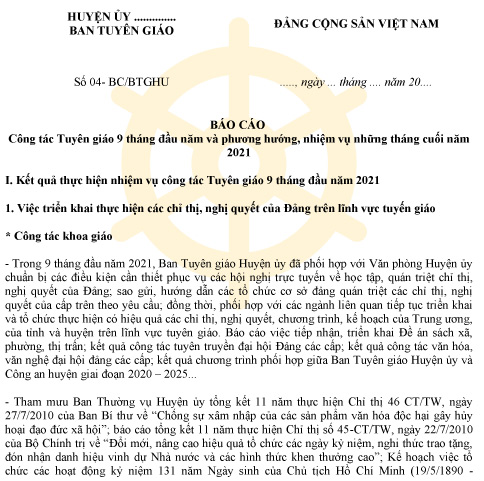 báo cáo kết quả công tác 9 tháng đầu năm và nhiệm vụ công tác 3 tháng cuối năm của ban tuyên giáo