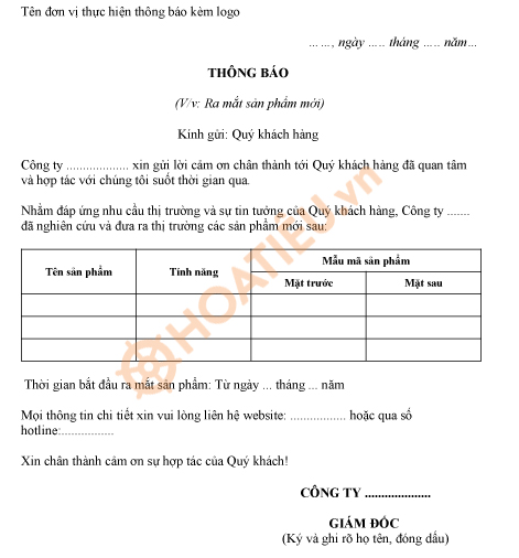 Mẫu thông báo sản phẩm mới