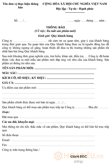 Mẫu thông báo ra mắt sản phẩm mới