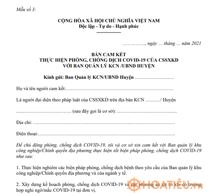 Bản cam kết thực hiện phòng, chống dịch COVID-19 của CSSXKD với Ban Quản lý KCN /UBND huyện