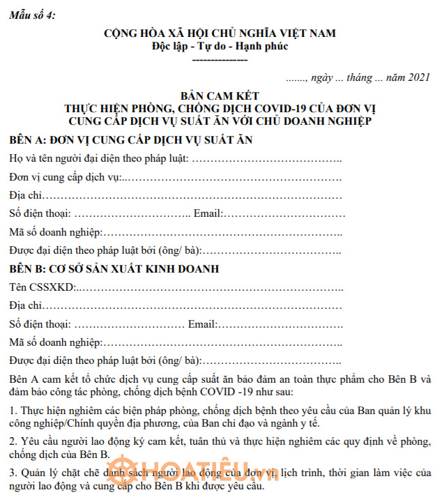 Bản cam kết thực hiện phòng, chống dịch COVID-19 của đơn vị cung cấp dịch vụ suất ăn với chủ doanh nghiệp