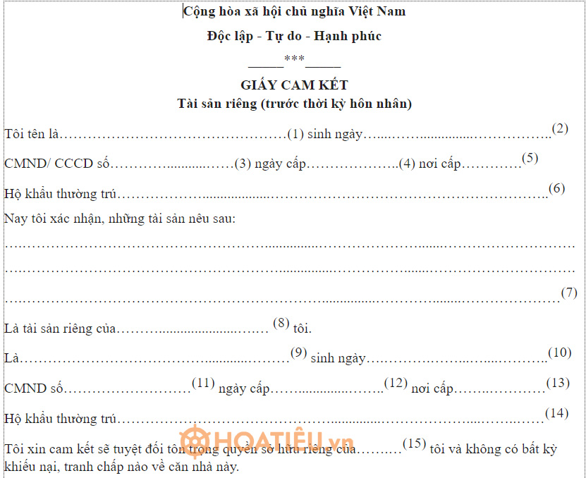 Mẫu xác nhận tài sản riêng trước thời kỳ hôn nhân