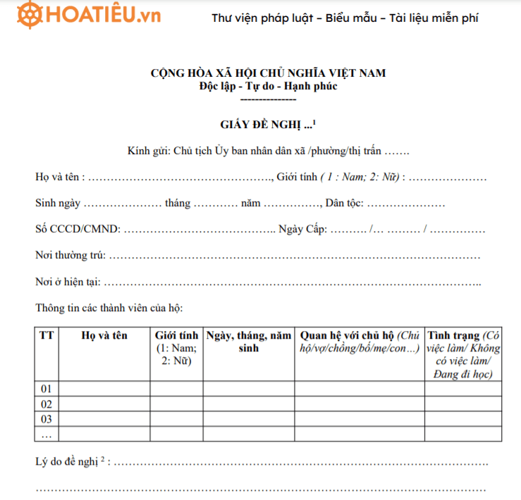 Giấy đề nghị rà soát hộ nghèo, hộ cận nghèo hoặc xác định hộ có mức sống trung hình