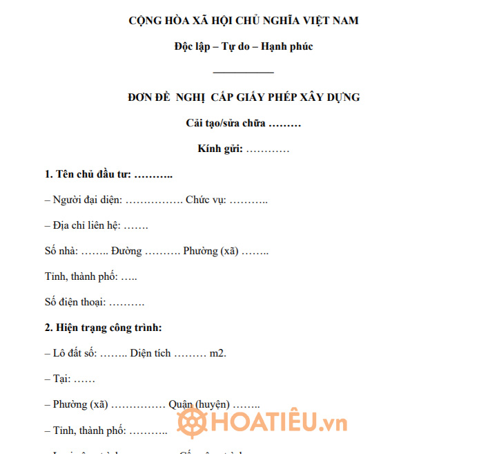 Mẫu đơn xin phép cải tạo sửa chữa công trình 2021