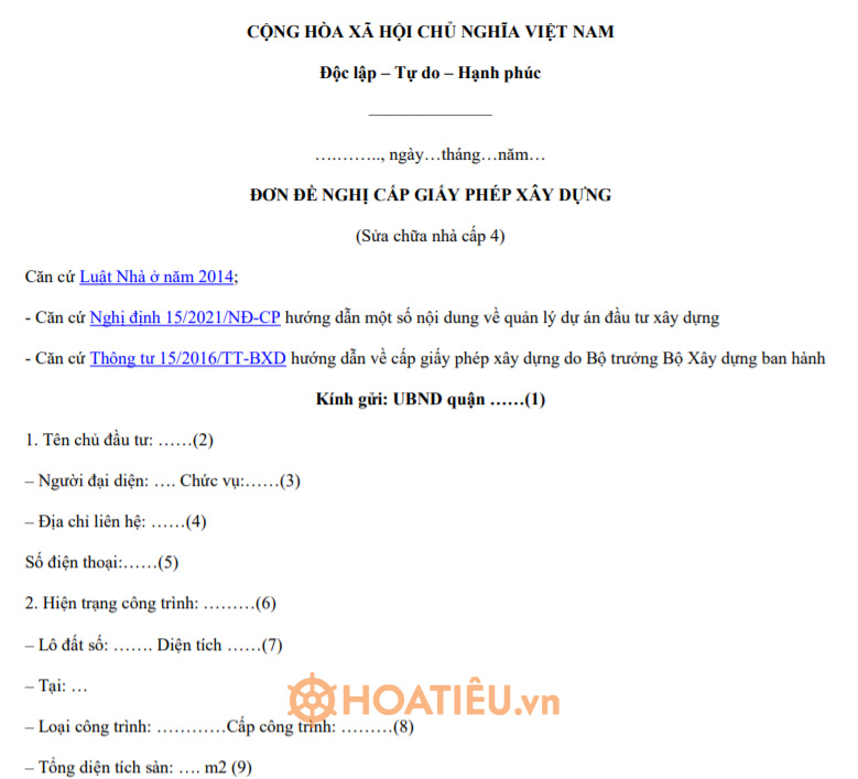 Mẫu đơn xin sửa nhà cấp 4 2021