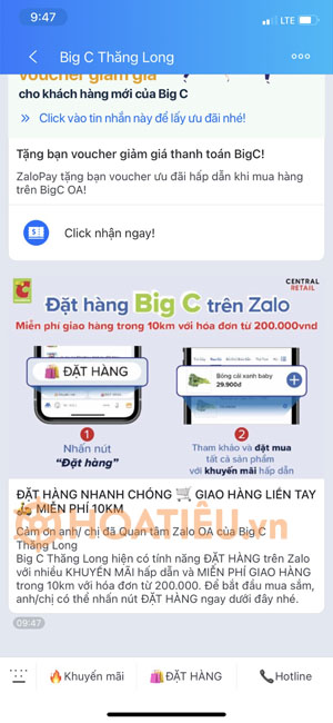 Cách đặt hàng Big C trên Zalo