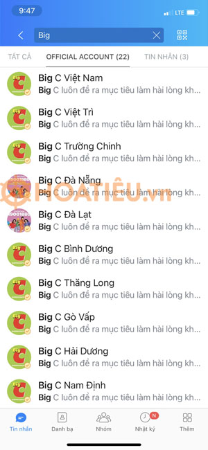 Cách đặt hàng Big C trên Zalo
